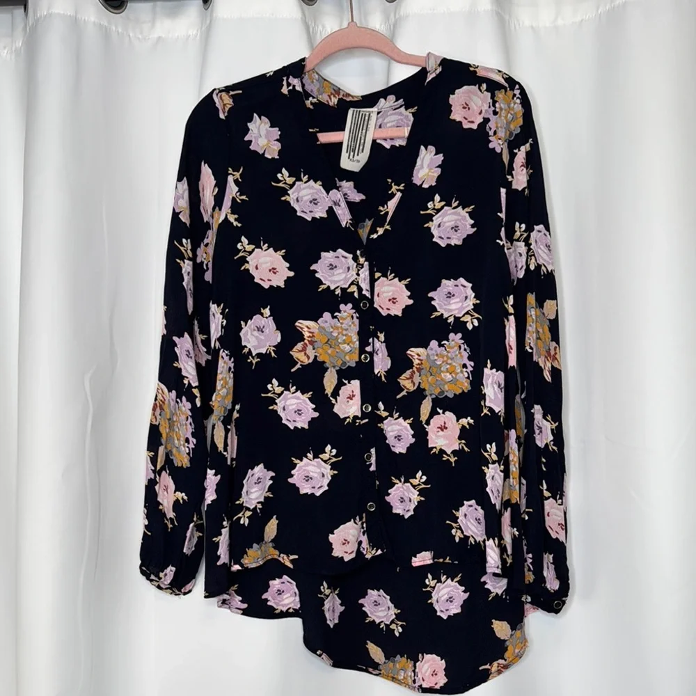 Free People Julia Floral Oversized High Low Blouse Navy Size XS NWOT